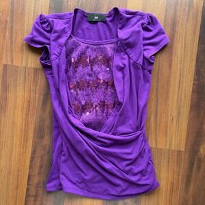 Amy Byer Girls Purple Sequin Layered Top Short Sleeve Y2K Size Small